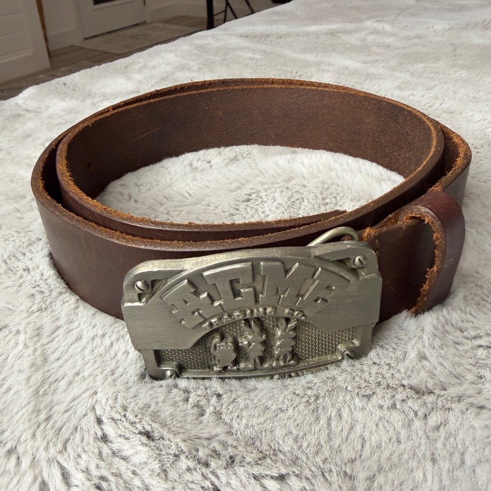 Vintage 1993 Warner Bros ACME Trading Co Belt Buckle Leather Belt Mens 38 USA